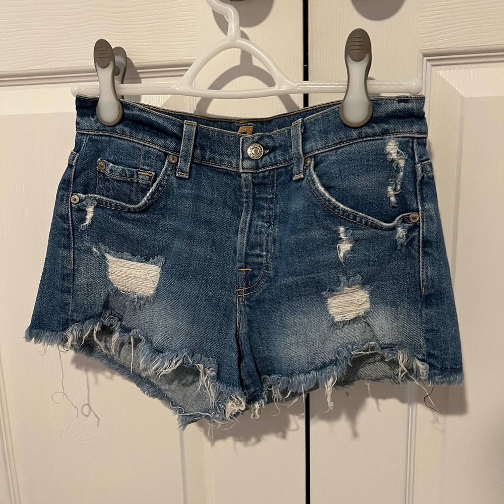 7 For All Mankind Distressed Dark Blue Denim Cutoff Shorts